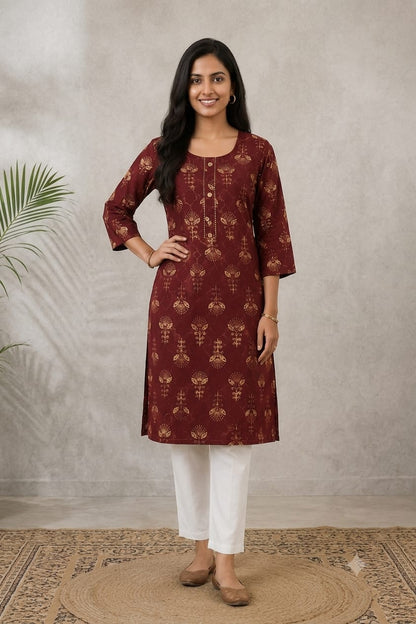 Maroon Floral Printed Straight Kurti | Premium Cotton Blend | Round Neck | 3/4 Sleeves | Casual, Office & Daily Wear