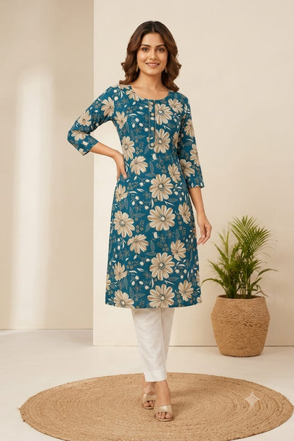 Teal Blue Floral Printed Straight Kurti | Premium Cotton Blend | Round Neck | 3/4 Sleeves | Elegant Casual, Office & Daily Wear