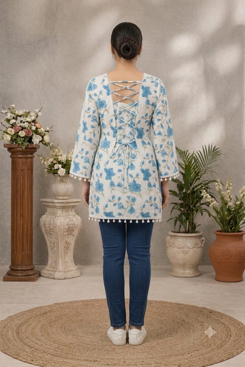 White & Sky Blue Floral Printed Straight Kurti | Premium Cotton Blend | Square Neck | 3/4 Sleeves | Casual, Office & Daily Wear