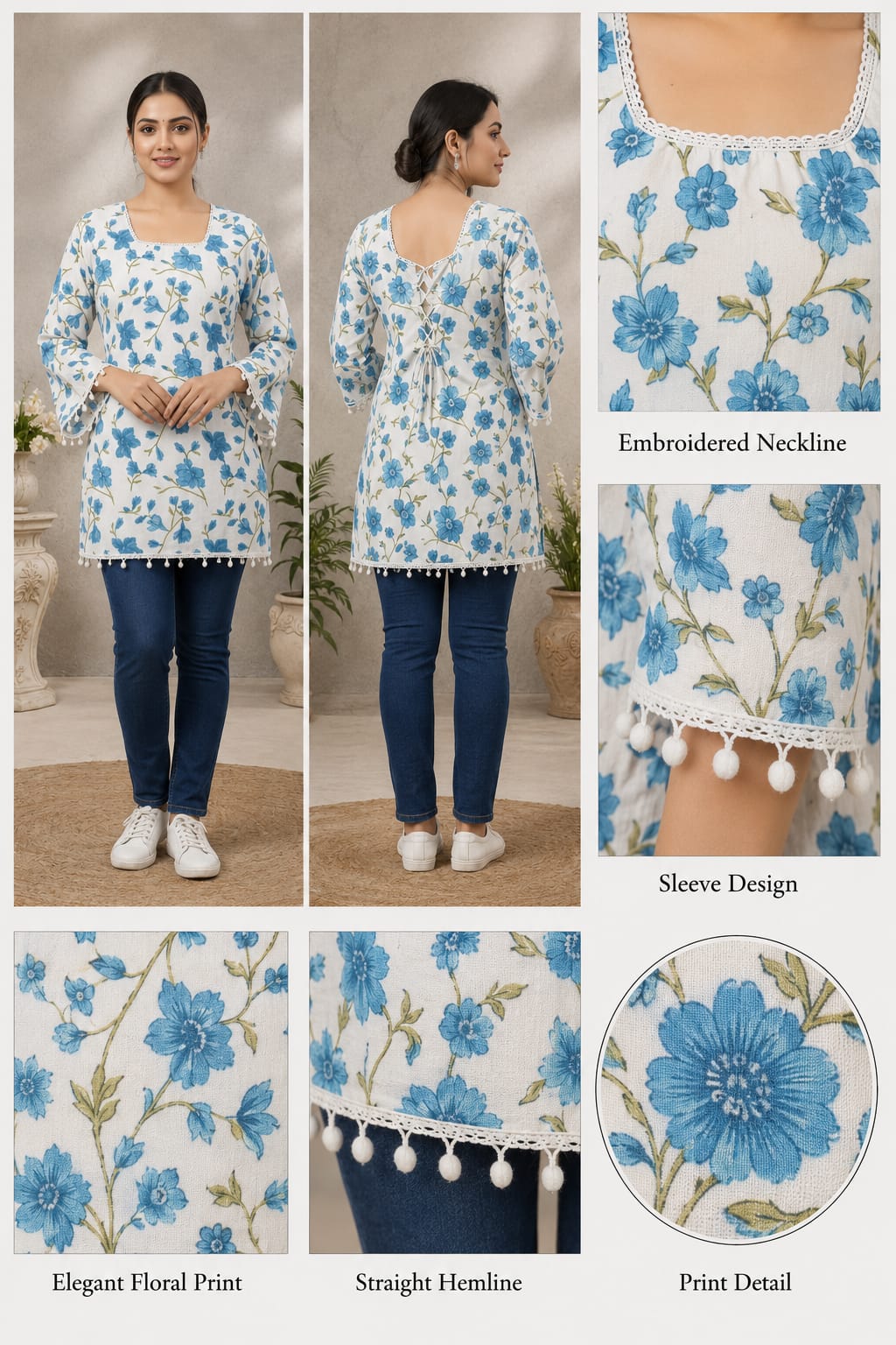 White & Sky Blue Floral Printed Straight Kurti | Premium Cotton Blend | Square Neck | 3/4 Sleeves | Casual, Office & Daily Wear