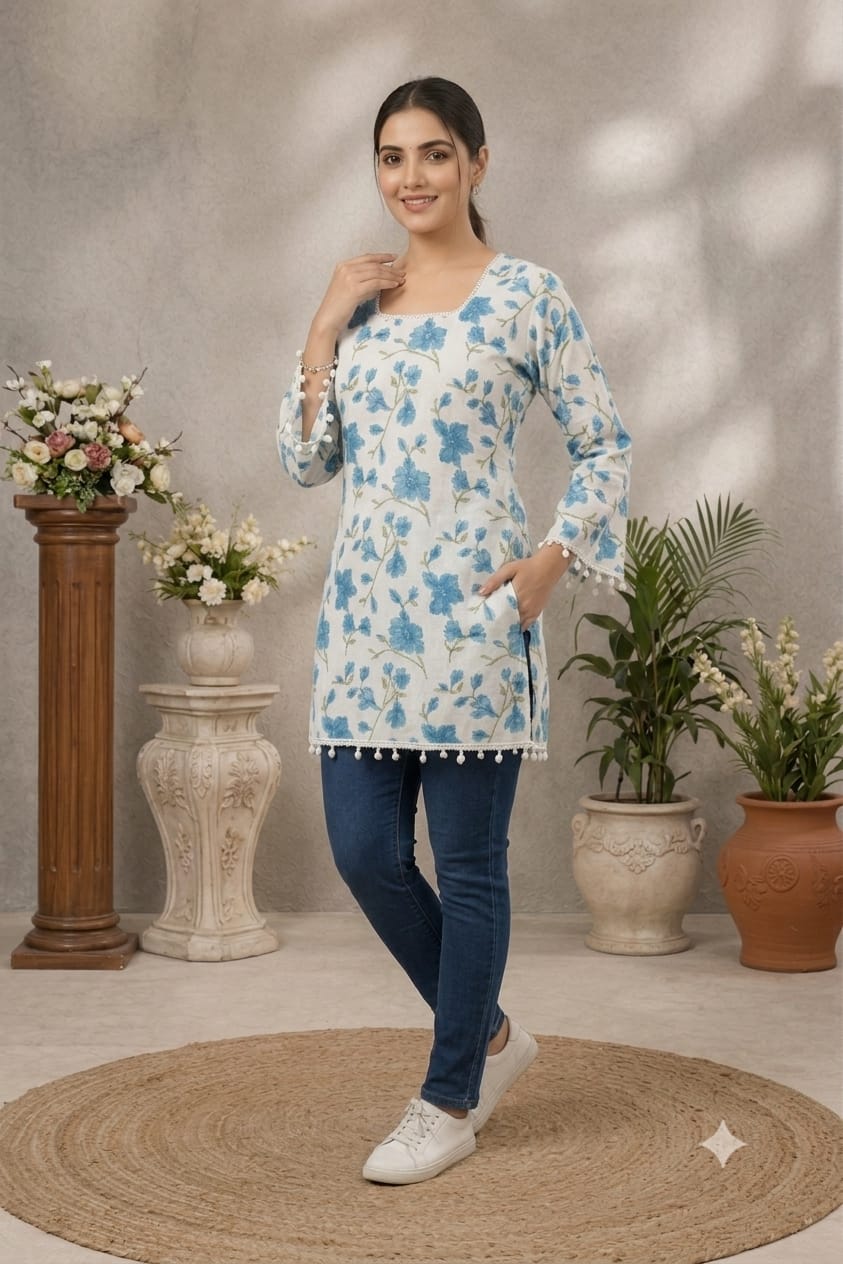 White & Sky Blue Floral Printed Straight Kurti | Premium Cotton Blend | Square Neck | 3/4 Sleeves | Casual, Office & Daily Wear