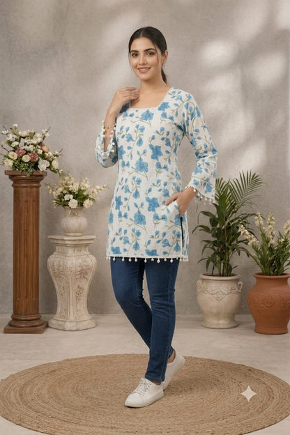 White & Sky Blue Floral Printed Straight Kurti | Premium Cotton Blend | Square Neck | 3/4 Sleeves | Casual, Office & Daily Wear