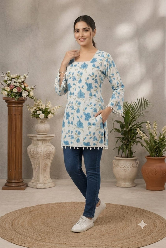 White & Sky Blue Floral Printed Straight Kurti | Premium Cotton Blend | Square Neck | 3/4 Sleeves | Casual, Office & Daily Wear
