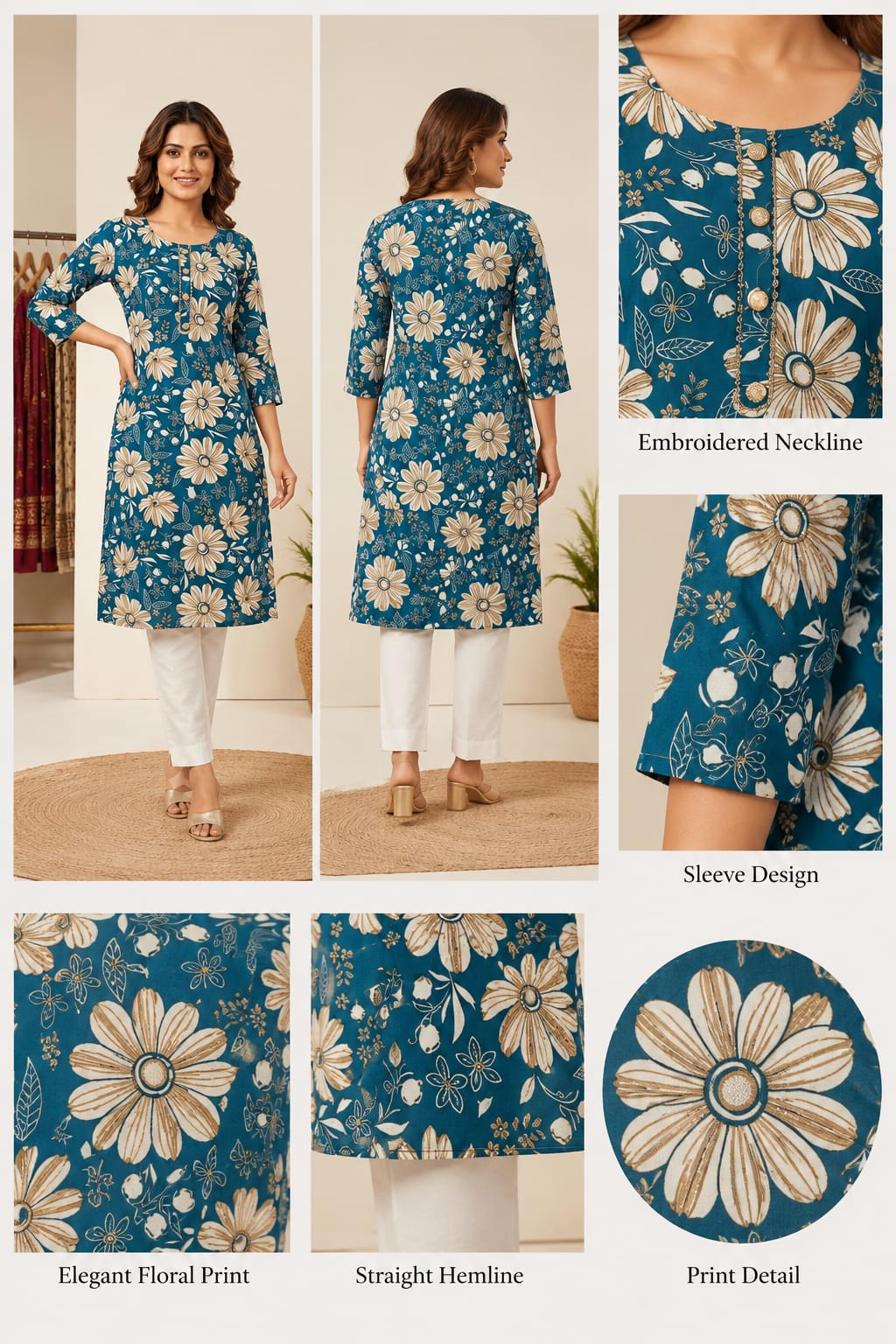 Teal Blue Floral Printed Straight Kurti | Premium Cotton Blend | Round Neck | 3/4 Sleeves | Elegant Casual, Office & Daily Wear