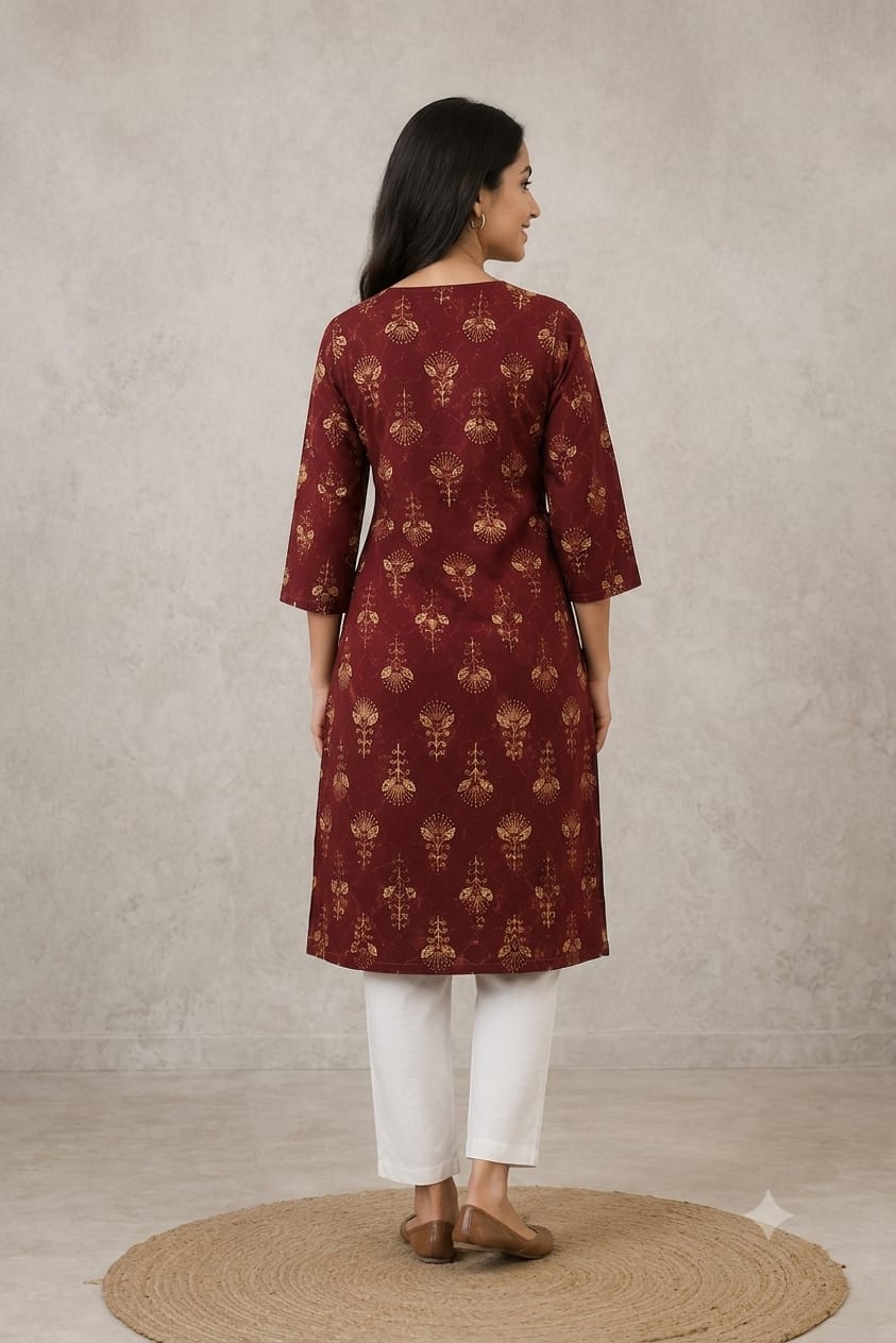 Maroon Floral Printed Straight Kurti | Premium Cotton Blend | Round Neck | 3/4 Sleeves | Casual, Office & Daily Wear