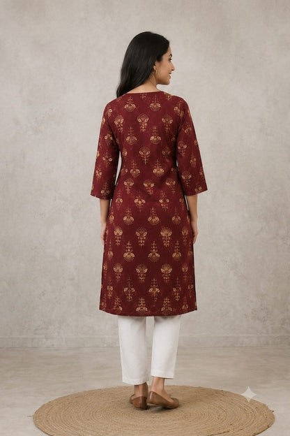 Maroon Floral Printed Straight Kurti | Premium Cotton Blend | Round Neck | 3/4 Sleeves | Casual, Office & Daily Wear