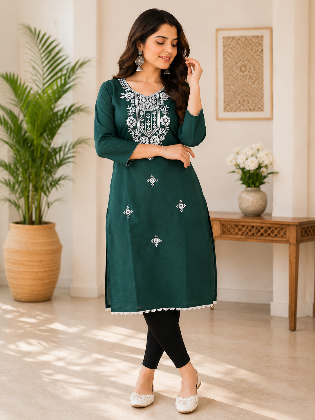 Dark Green Embroidered Straight Kurti | Premium Cotton Blend | Elegant Neck Embroidery | 3/4 Sleeves | Casual, Office & Festive Wear