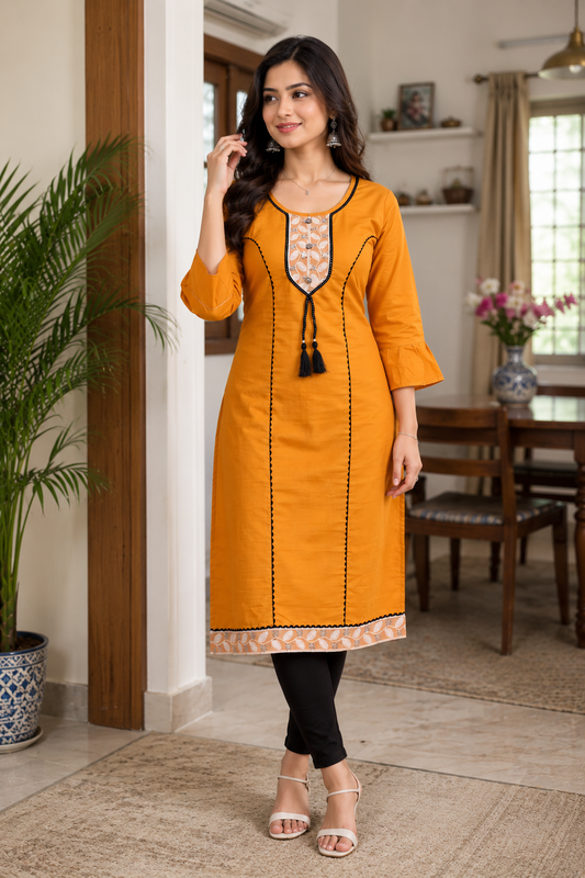 Mustard Yellow Elegant Kurta with Ruffle Sleeves and Tassel Detail