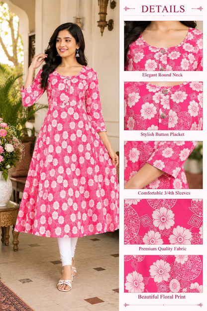 Vibrant Pink Floral Print A-Line Kurti with Stylish Button Placket