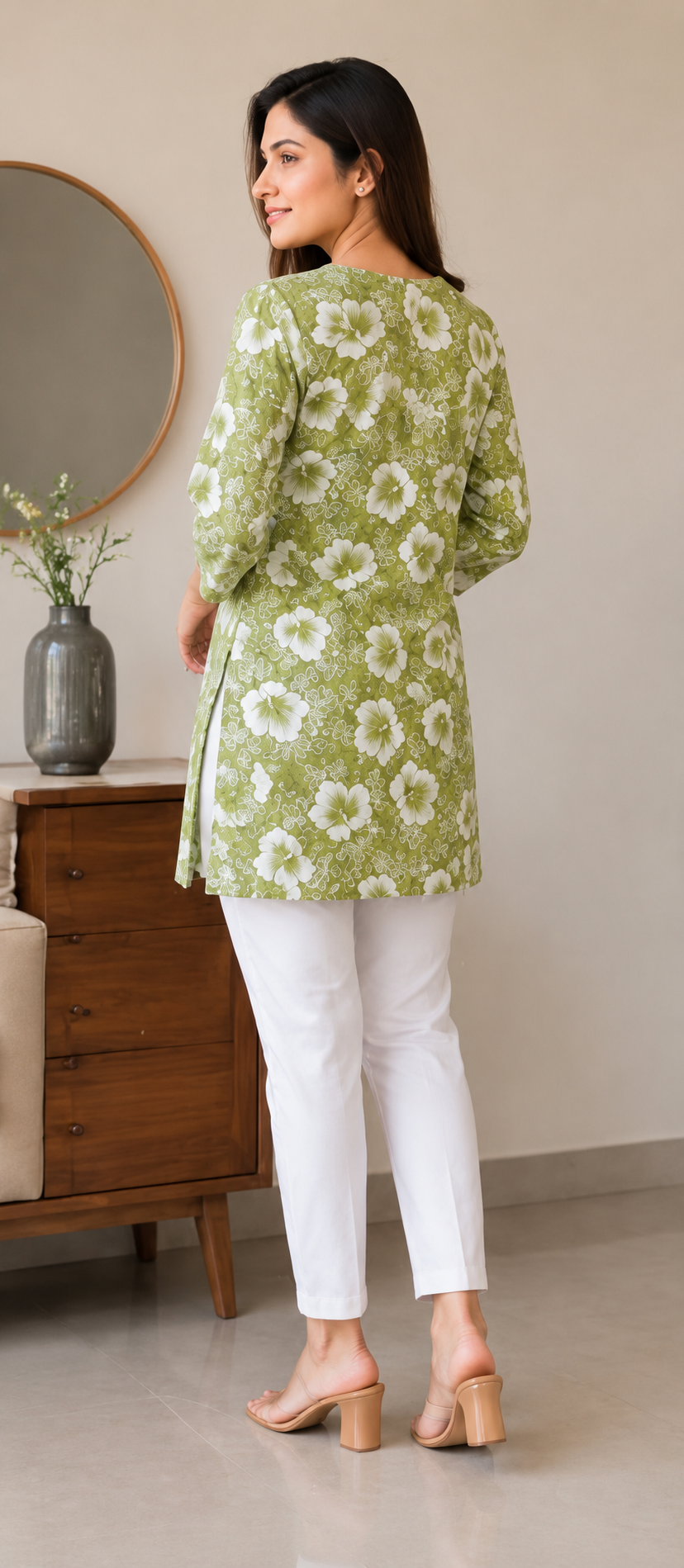 Refreshing Green Floral Print Short Kurti with Mirror Work