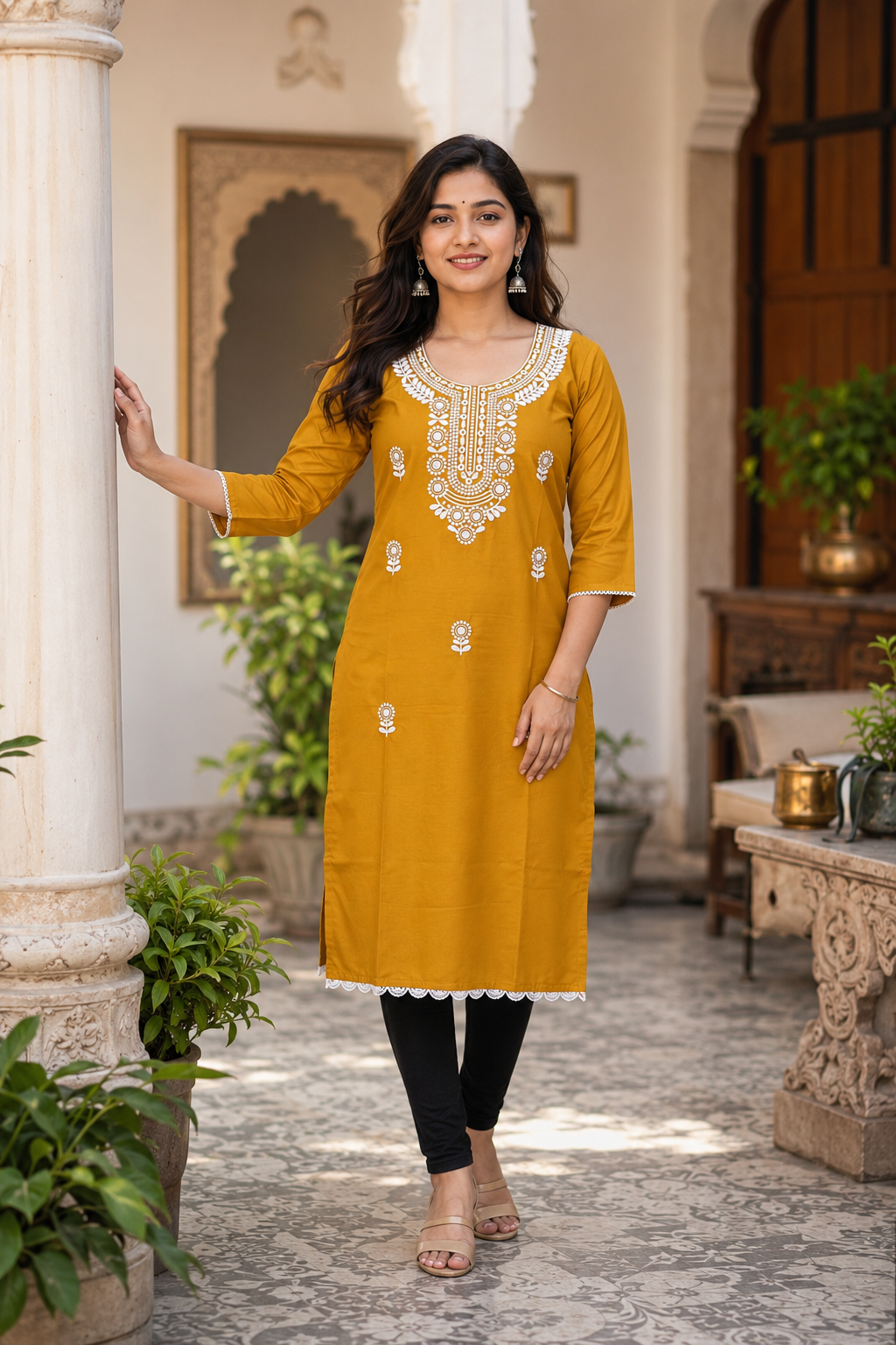 Women's Mustard Embroidered Straight Kurti | Elegant Ethnic Wear | 3/4 Sleeves