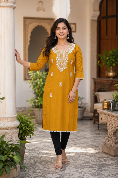 Women's Mustard Embroidered Straight Kurti | Elegant Ethnic Wear | 3/4 Sleeves