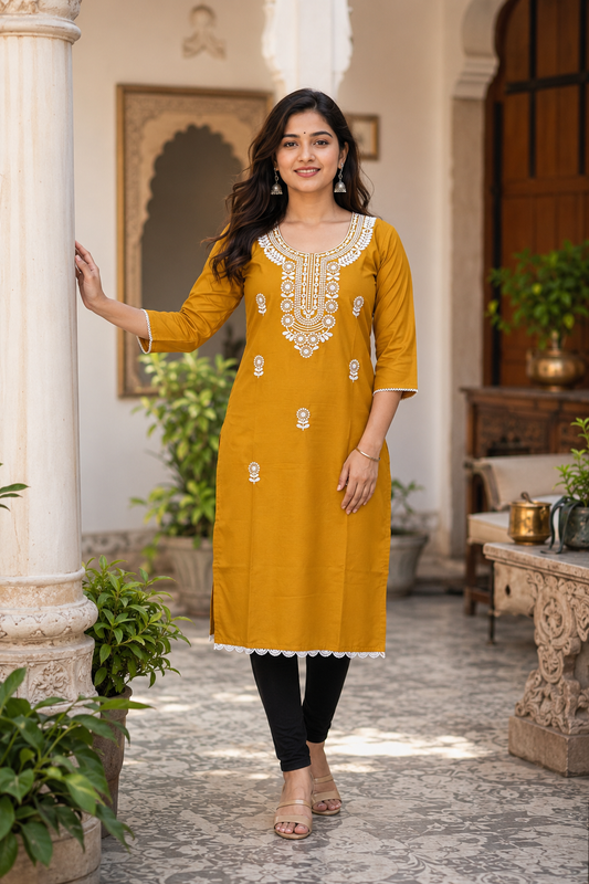 Women's Mustard Embroidered Straight Kurti | Elegant Ethnic Wear | 3/4 Sleeves