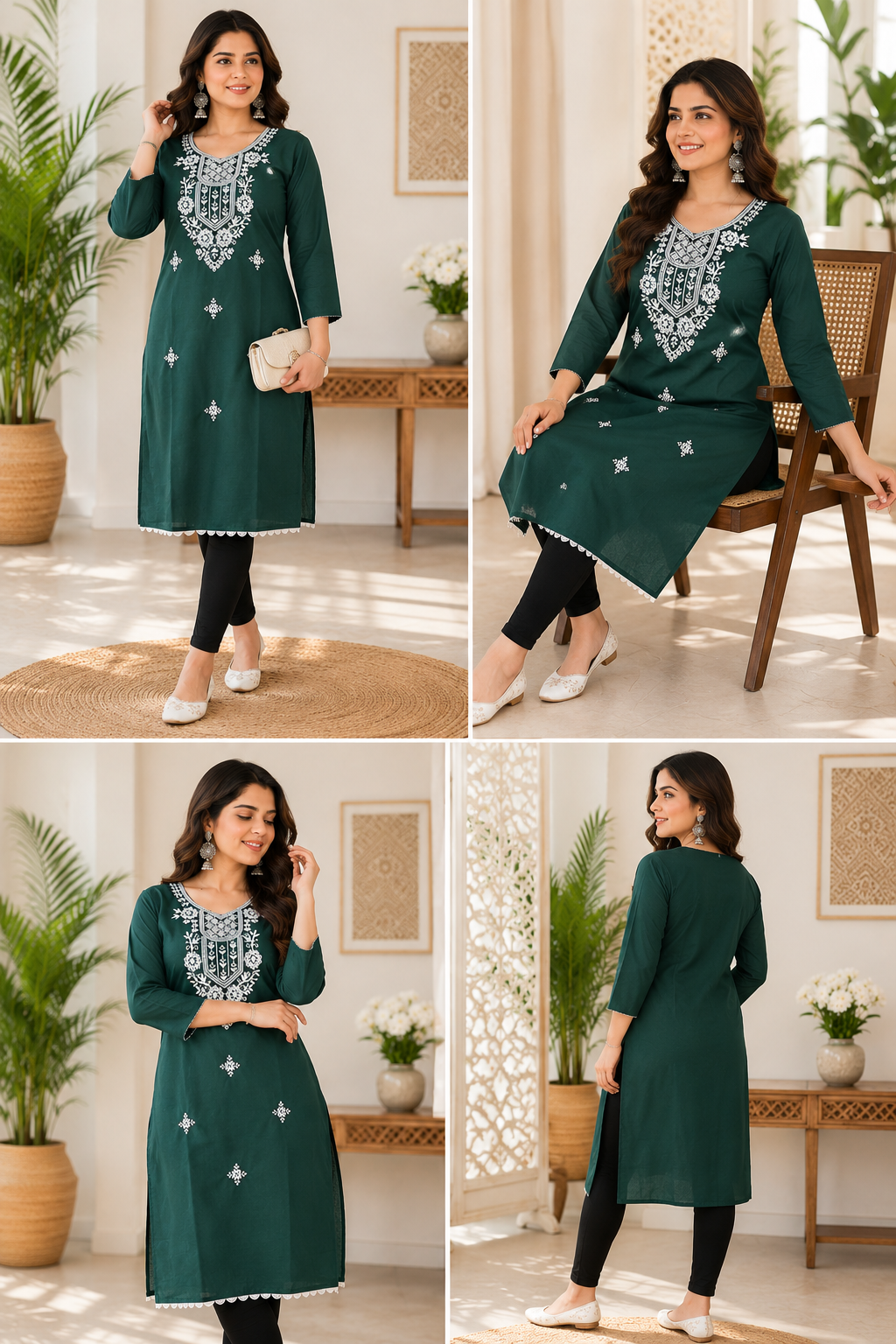 Dark Green Embroidered Straight Kurti | Premium Cotton Blend | Elegant Neck Embroidery | 3/4 Sleeves | Casual, Office & Festive Wear