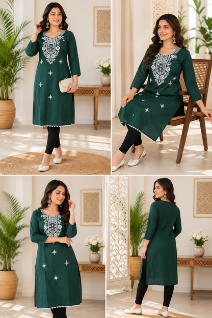 Dark Green Embroidered Straight Kurti | Premium Cotton Blend | Elegant Neck Embroidery | 3/4 Sleeves | Casual, Office & Festive Wear