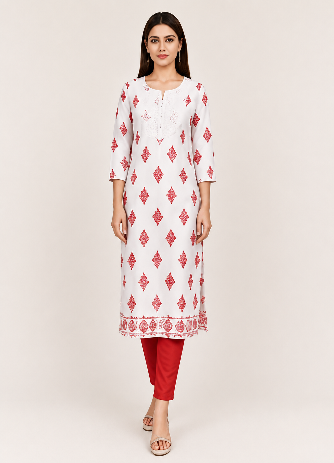 Elegant White Kurti with Red Ethnic Print & Embroidered Yoke