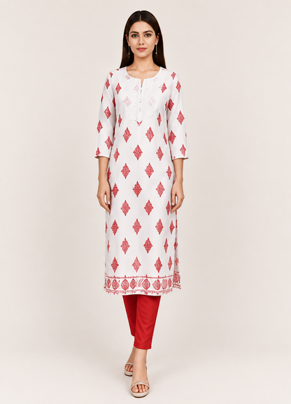 Elegant White Kurti with Red Ethnic Print & Embroidered Yoke