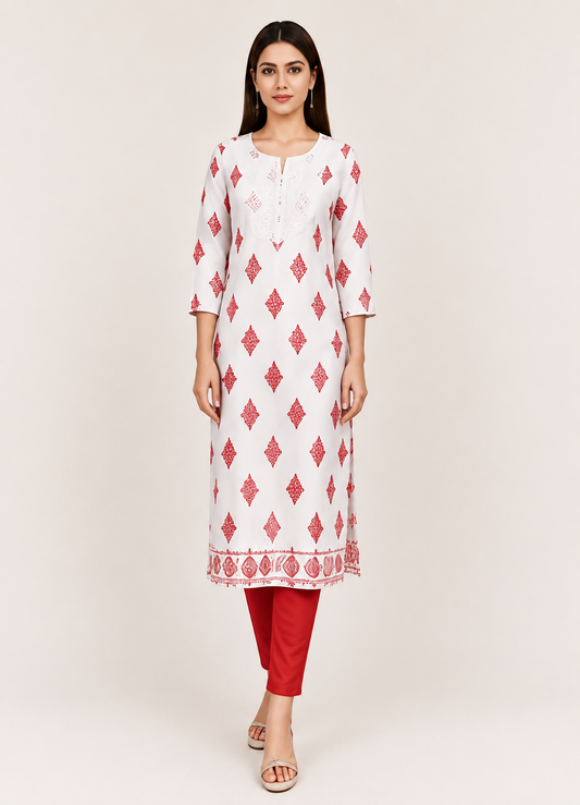 Elegant White Kurti with Red Ethnic Print & Embroidered Yoke
