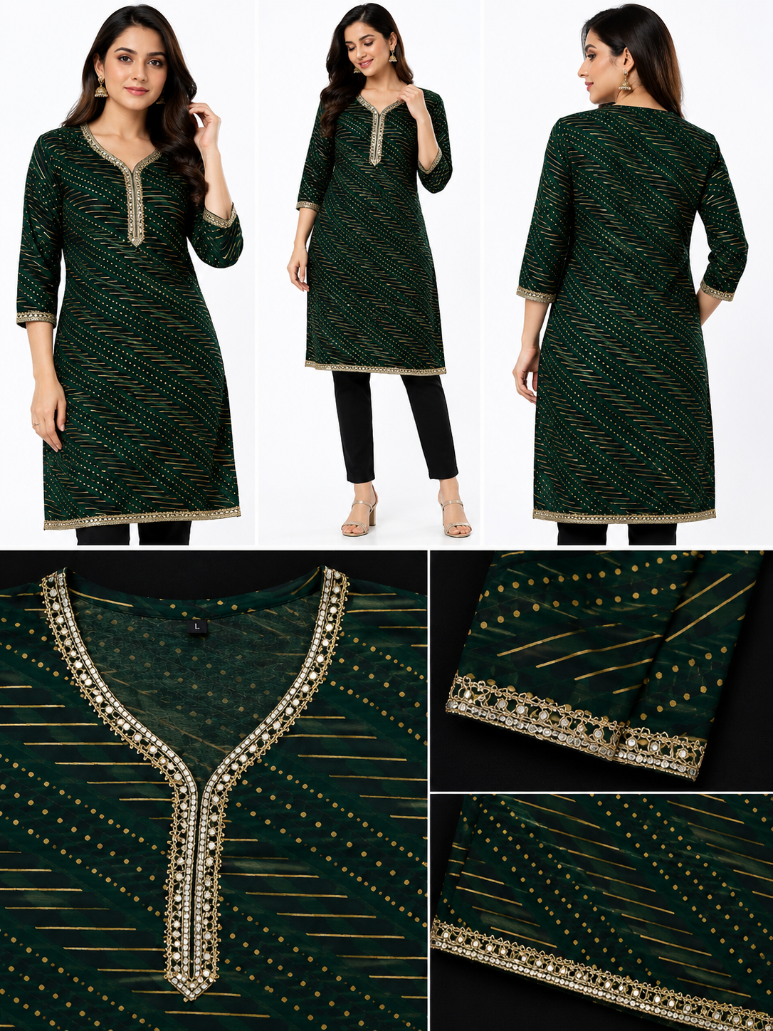 Urban's Dark Green Leheriya Print Kurti – Festive & Casual Wear