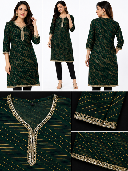 Urban's Dark Green Leheriya Print Kurti – Festive & Casual Wear