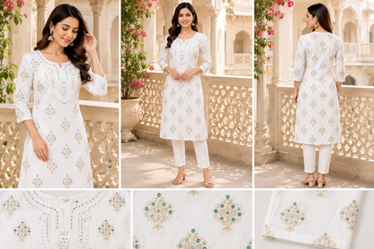Urbans Women's White Embroidered Straight Kurti