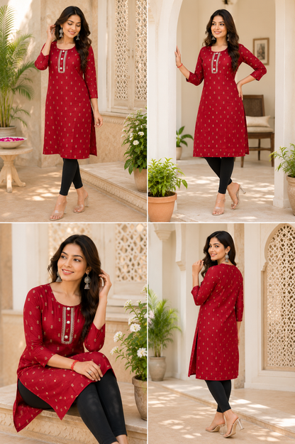 Maroon Printed Straight Kurti | Premium Cotton Blend | Embroidered Neckline | 3/4 Sleeves | Daily, Office & Casual Wear