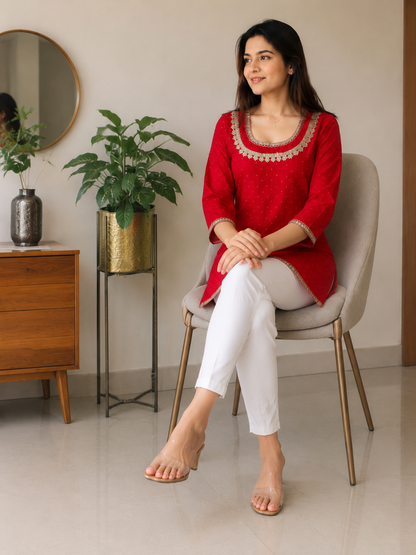 Stunning Red U-Neck Short Kurti for Party Wear