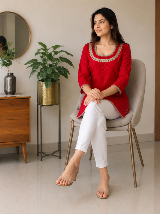 Stunning Red U-Neck Short Kurti for Party Wear