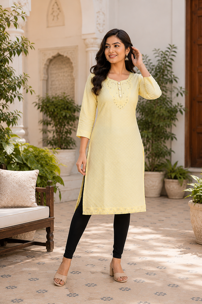 Women's Premium Embroidered Straight Kurti – Soft Cotton Blend | 3/4 Sleeves | Elegant Daily & Casual Wear | Lemon Yellow