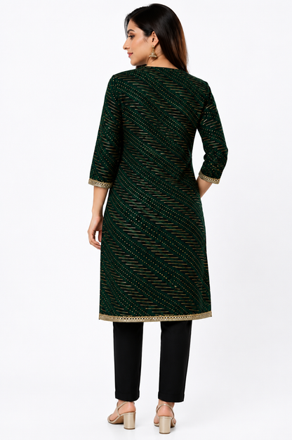 Urban's Dark Green Leheriya Print Kurti – Festive & Casual Wear