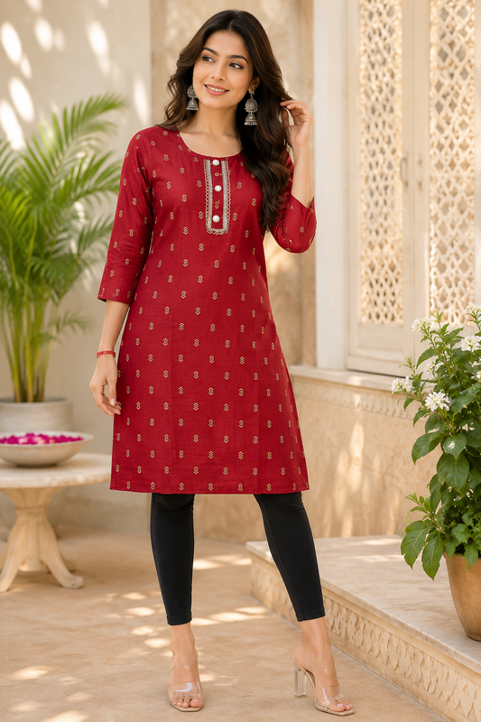 Maroon Printed Straight Kurti | Premium Cotton Blend | Embroidered Neckline | 3/4 Sleeves | Daily, Office & Casual Wear
