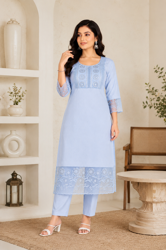 Elegant Pastel Blue Embroidered Kurta Set with Delicate Lace Details