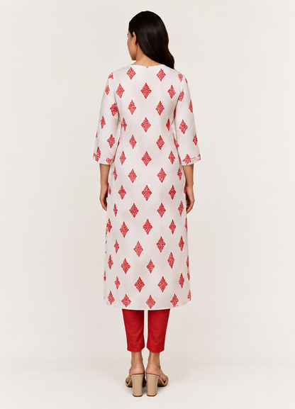Elegant White Kurti with Red Ethnic Print & Embroidered Yoke