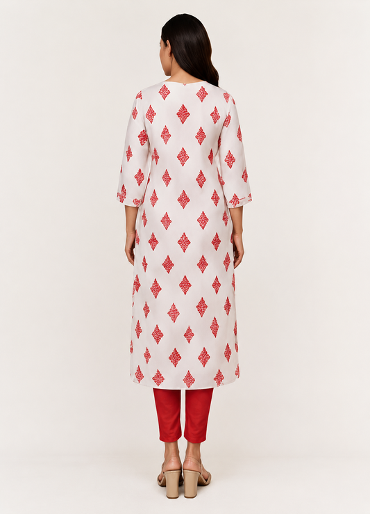 Elegant White Kurti with Red Ethnic Print & Embroidered Yoke