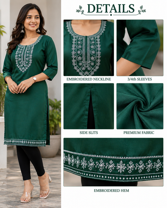 Women's Bottle Green Embroidered Kurti | Premium Rayon Blend | 3/4 Sleeves | Casual & Office Wear