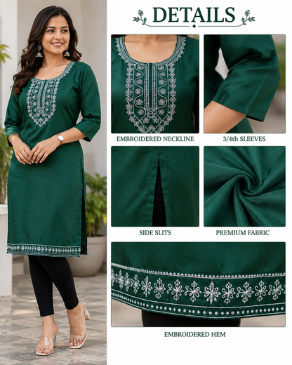 Women's Bottle Green Embroidered Kurti | Premium Rayon Blend | 3/4 Sleeves | Casual & Office Wear