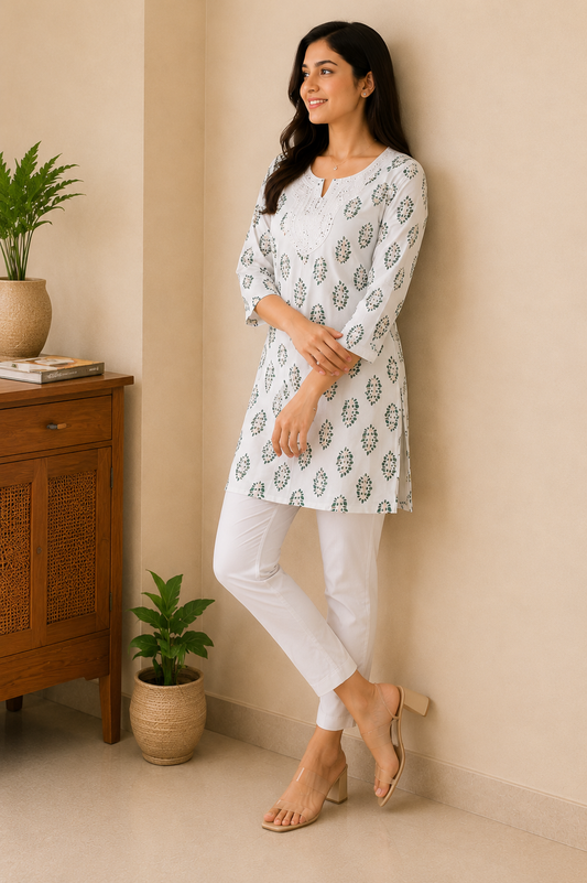 Pure White Printed Short Kurti with Embroidered Mirror-Work Neckline