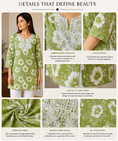Refreshing Green Floral Print Short Kurti with Mirror Work