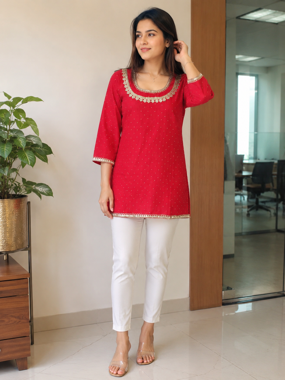 Stunning Red U-Neck Short Kurti for Party Wear
