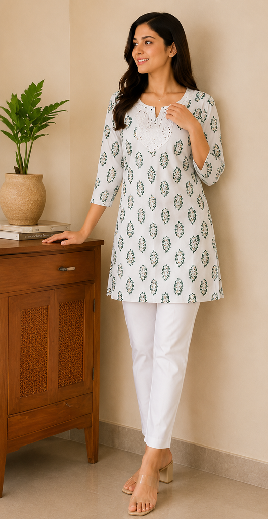 Pure White Printed Short Kurti with Embroidered Mirror-Work Neckline