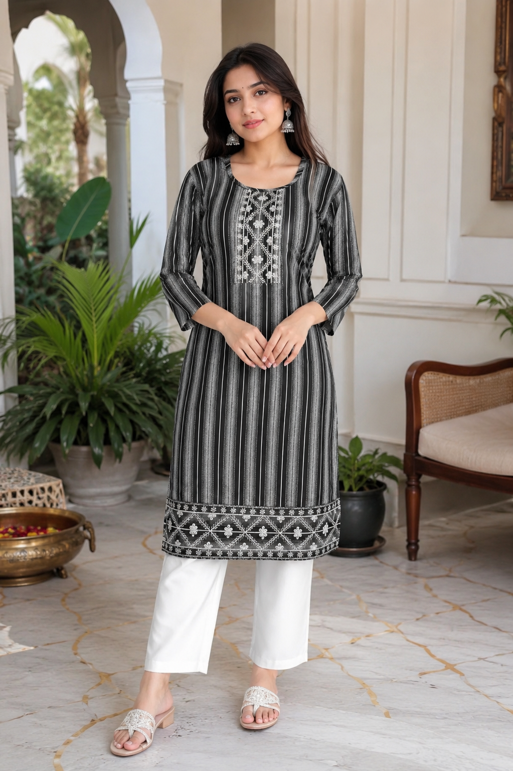 Sophisticated Black & White Striped Kurti with Elegant Embroidered Details