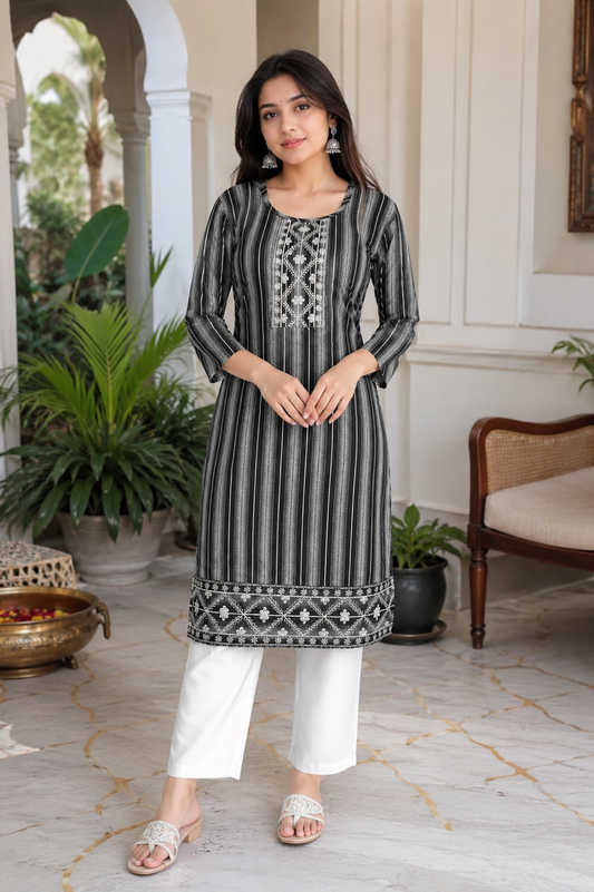 Sophisticated Black & White Striped Kurti with Elegant Embroidered Details