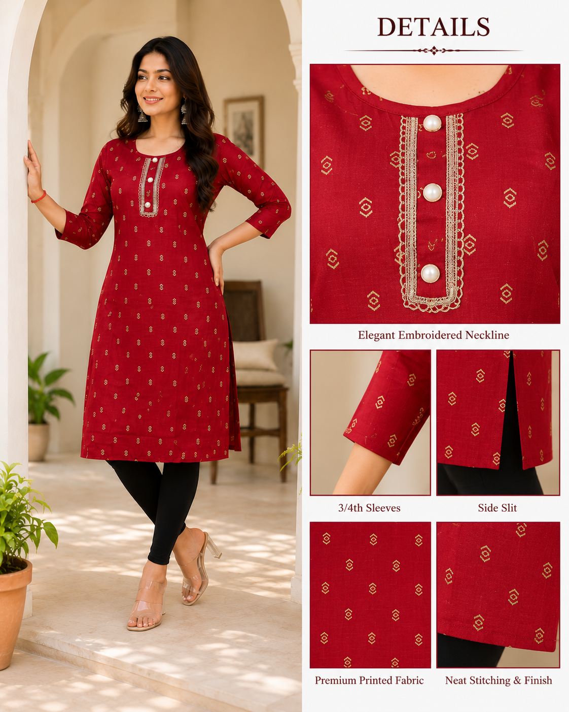 Maroon Printed Straight Kurti | Premium Cotton Blend | Embroidered Neckline | 3/4 Sleeves | Daily, Office & Casual Wear