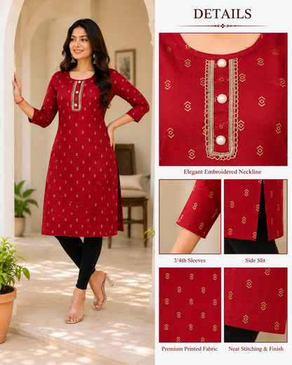 Maroon Printed Straight Kurti | Premium Cotton Blend | Embroidered Neckline | 3/4 Sleeves | Daily, Office & Casual Wear