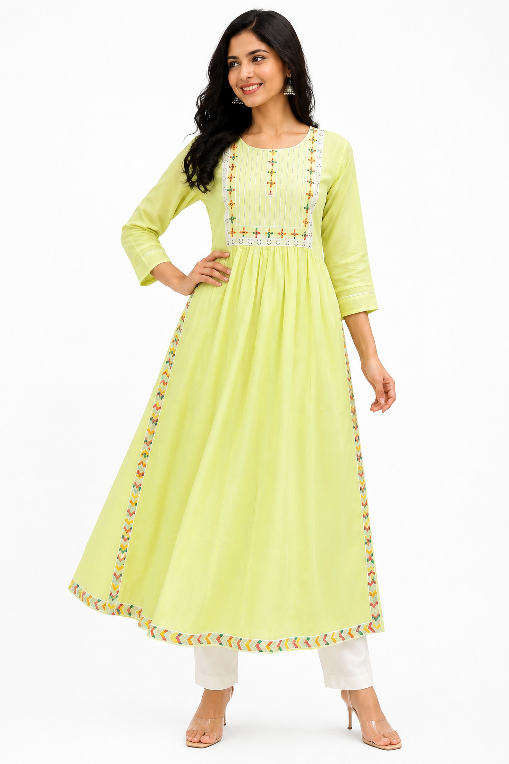 Pastel Lime Green Nayra Cut Kurti with Embroidered Yoke