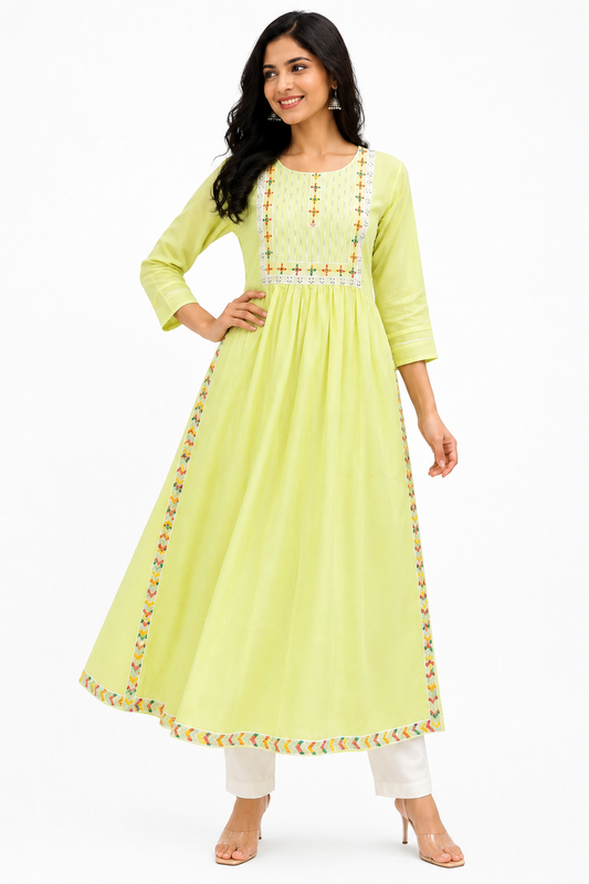 Pastel Lime Green Nayra Cut Kurti with Embroidered Yoke