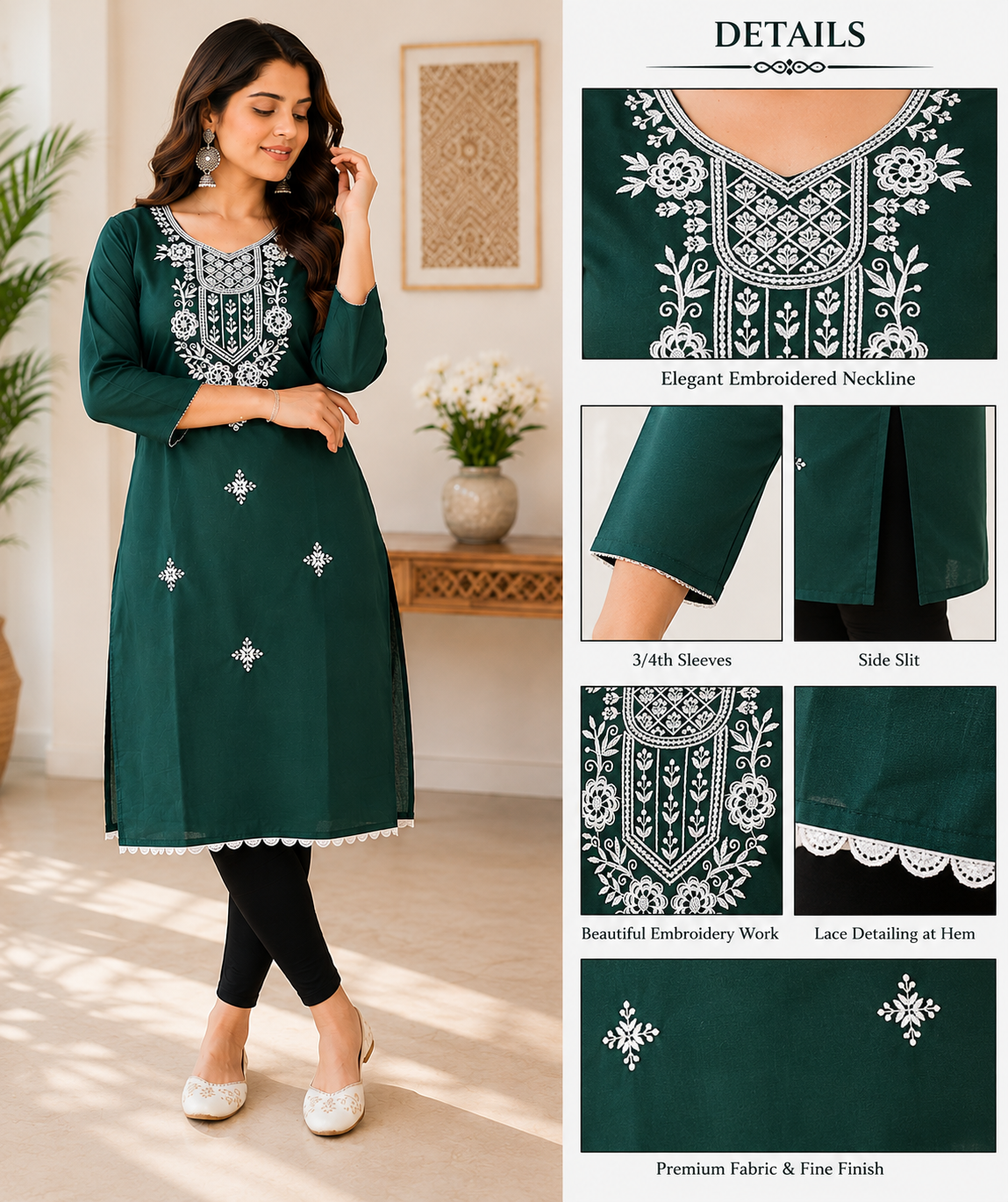 Dark Green Embroidered Straight Kurti | Premium Cotton Blend | Elegant Neck Embroidery | 3/4 Sleeves | Casual, Office & Festive Wear
