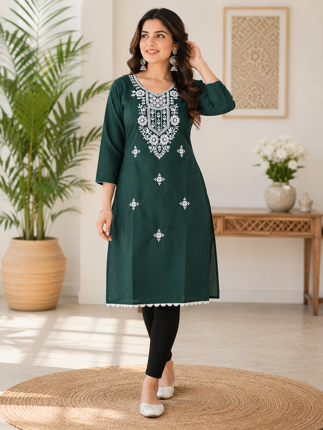 Dark Green Embroidered Straight Kurti | Premium Cotton Blend | Elegant Neck Embroidery | 3/4 Sleeves | Casual, Office & Festive Wear
