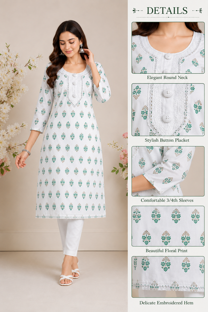 White Floral Print Kurta with Button Placket & Embroidered Hem