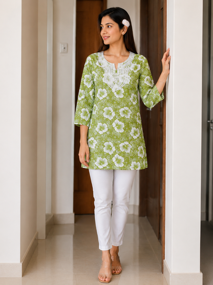 Refreshing Green Floral Print Short Kurti with Mirror Work